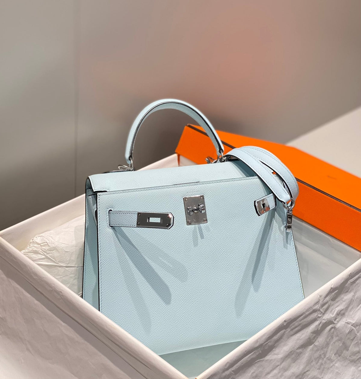 Hermes Kelly 28cm in Blue Brume Epsom Calfskin Palladium Hardware Bag