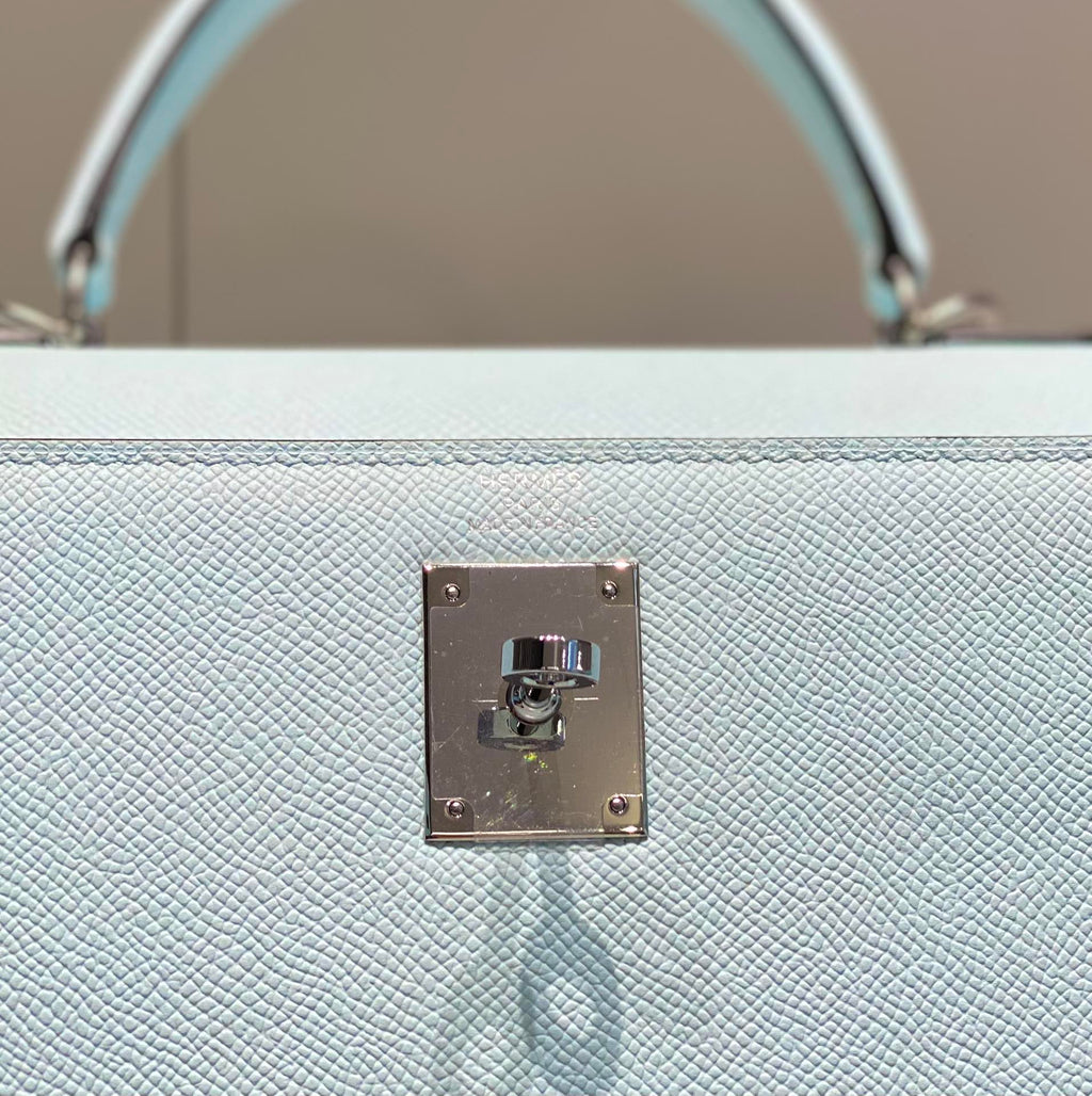 Hermes Kelly 28cm in Blue Brume Epsom Calfskin Palladium Hardware Bag