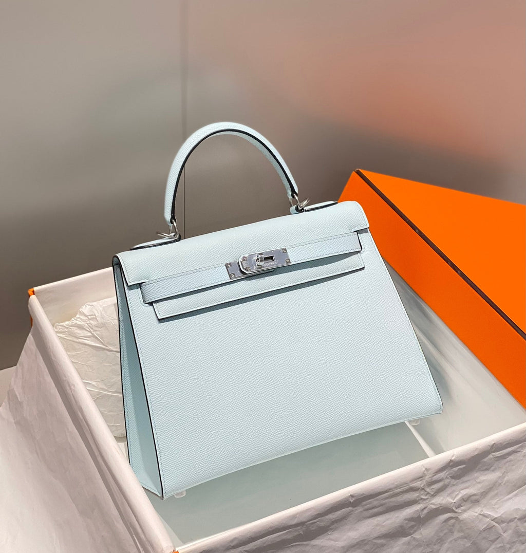 Hermes Kelly 28cm in Blue Brume Epsom Calfskin Palladium Hardware Bag