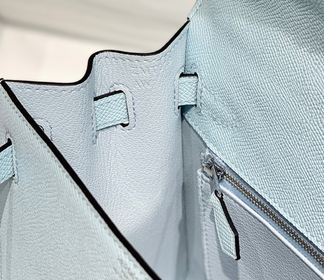 Hermes Kelly 28cm in Blue Brume Epsom Calfskin Palladium Hardware Bag