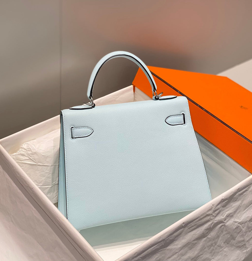 Hermes Kelly 28cm in Blue Brume Epsom Calfskin Palladium Hardware Bag