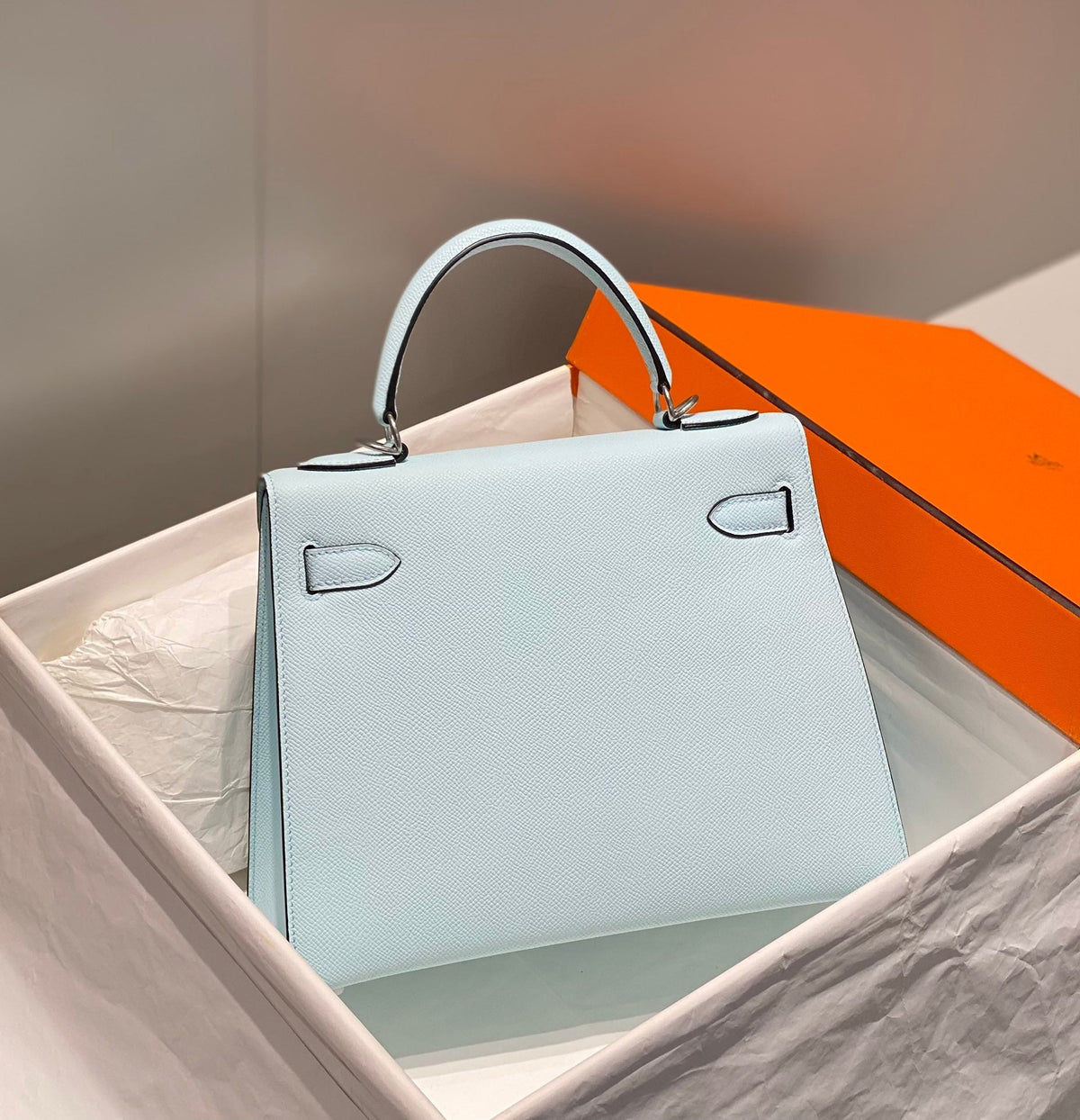 Hermes Kelly 28cm in Blue Brume Epsom Calfskin Palladium Hardware Bag