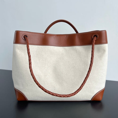 Bottega Veneta Large Andiamo 42 in White Brown Calfskin and Canvas Bag