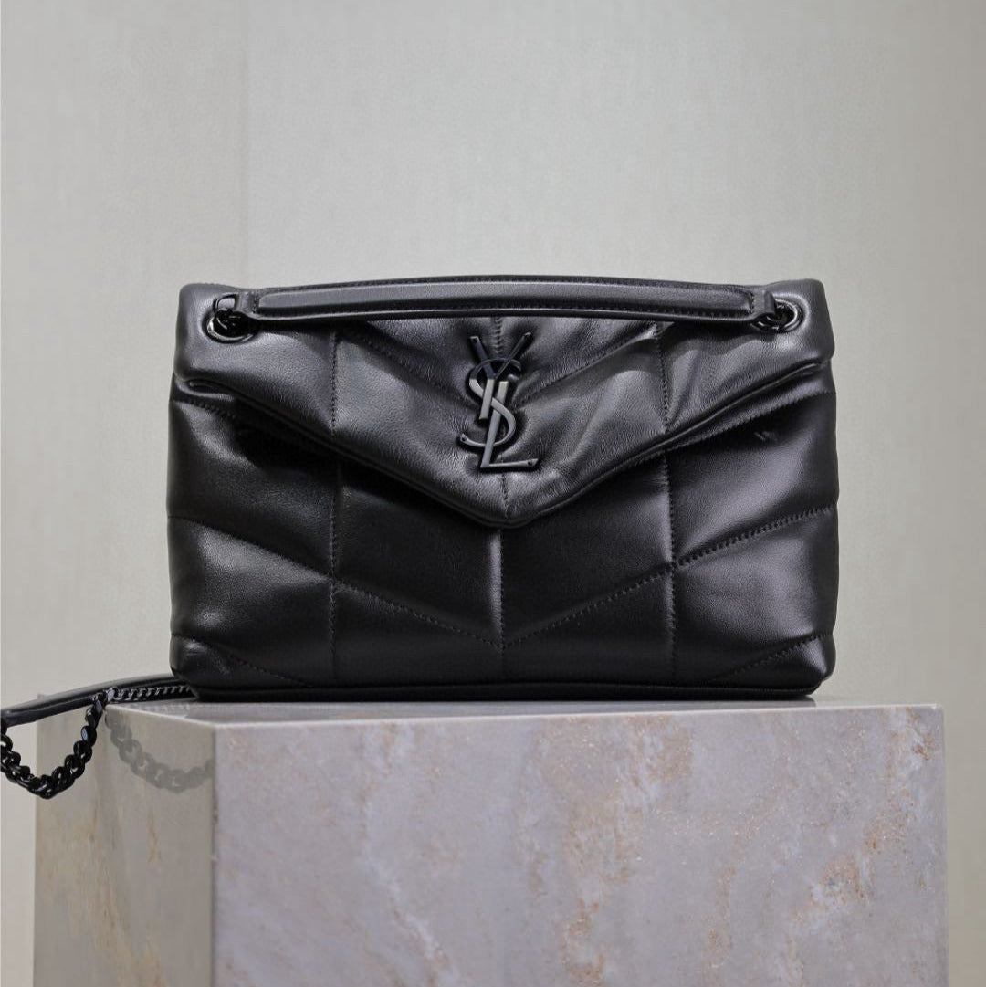 Saint Laurent Loulou Puffer Medium 29 in All Black Sheepskin Black Hardware Bag