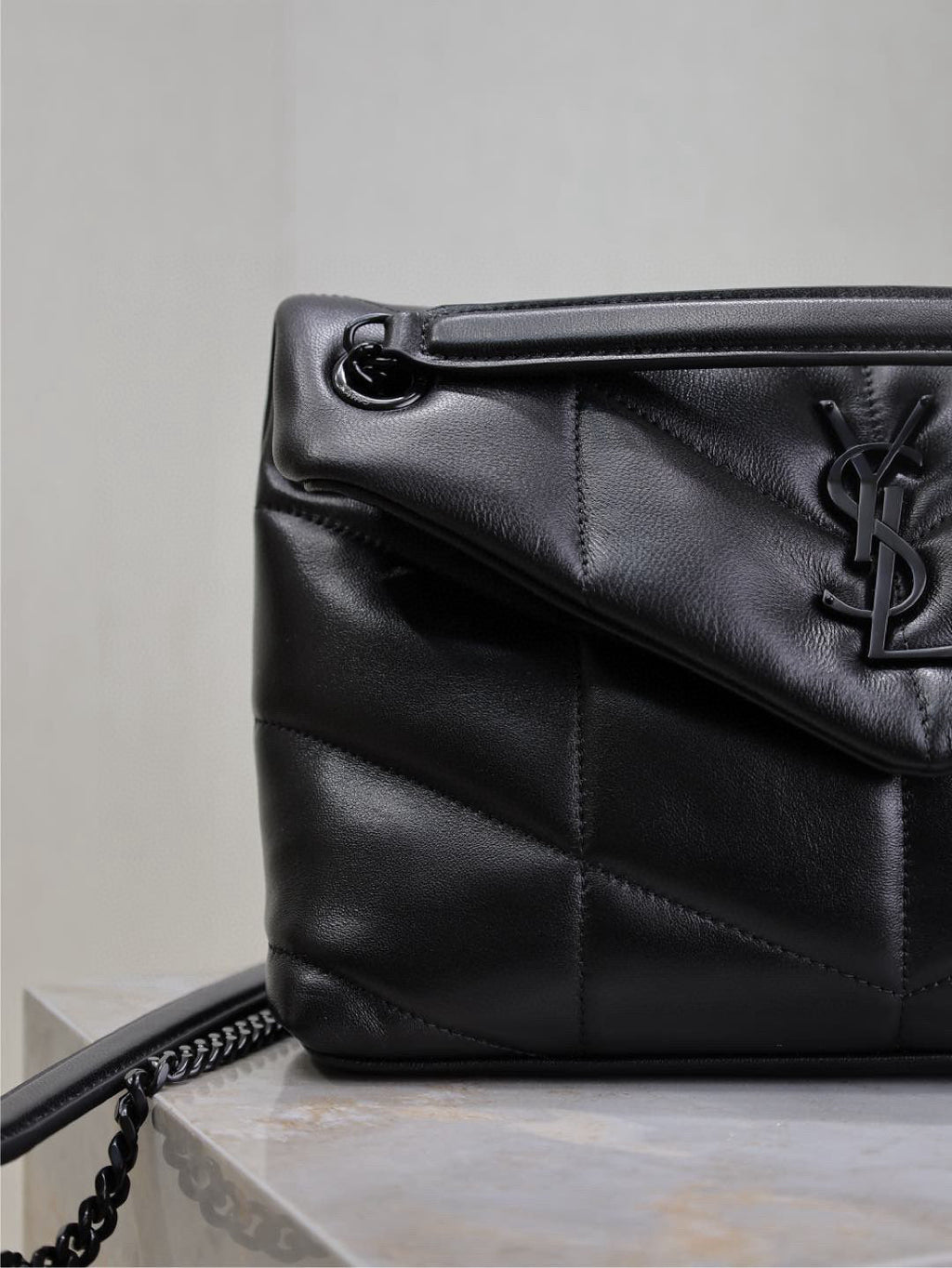 Saint Laurent Loulou Puffer Medium 29 in All Black Sheepskin Black Hardware Bag
