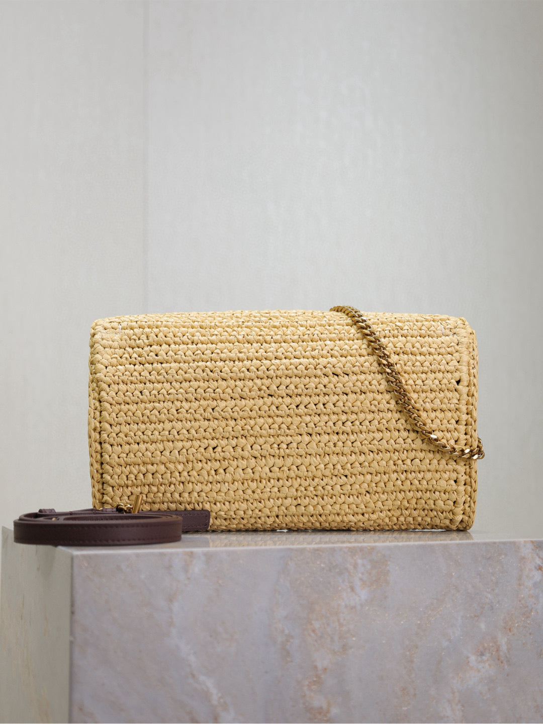 Saint Laurent Kate Bag Crossbody 26 in Beige Woven Raffia Gold Hardware