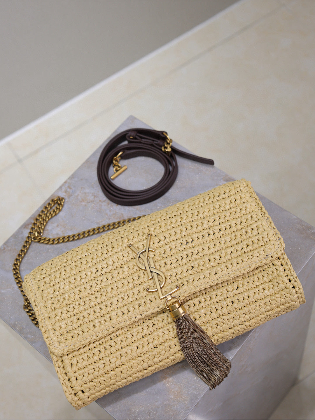 Saint Laurent Kate Bag Crossbody 26 in Beige Woven Raffia Gold Hardware