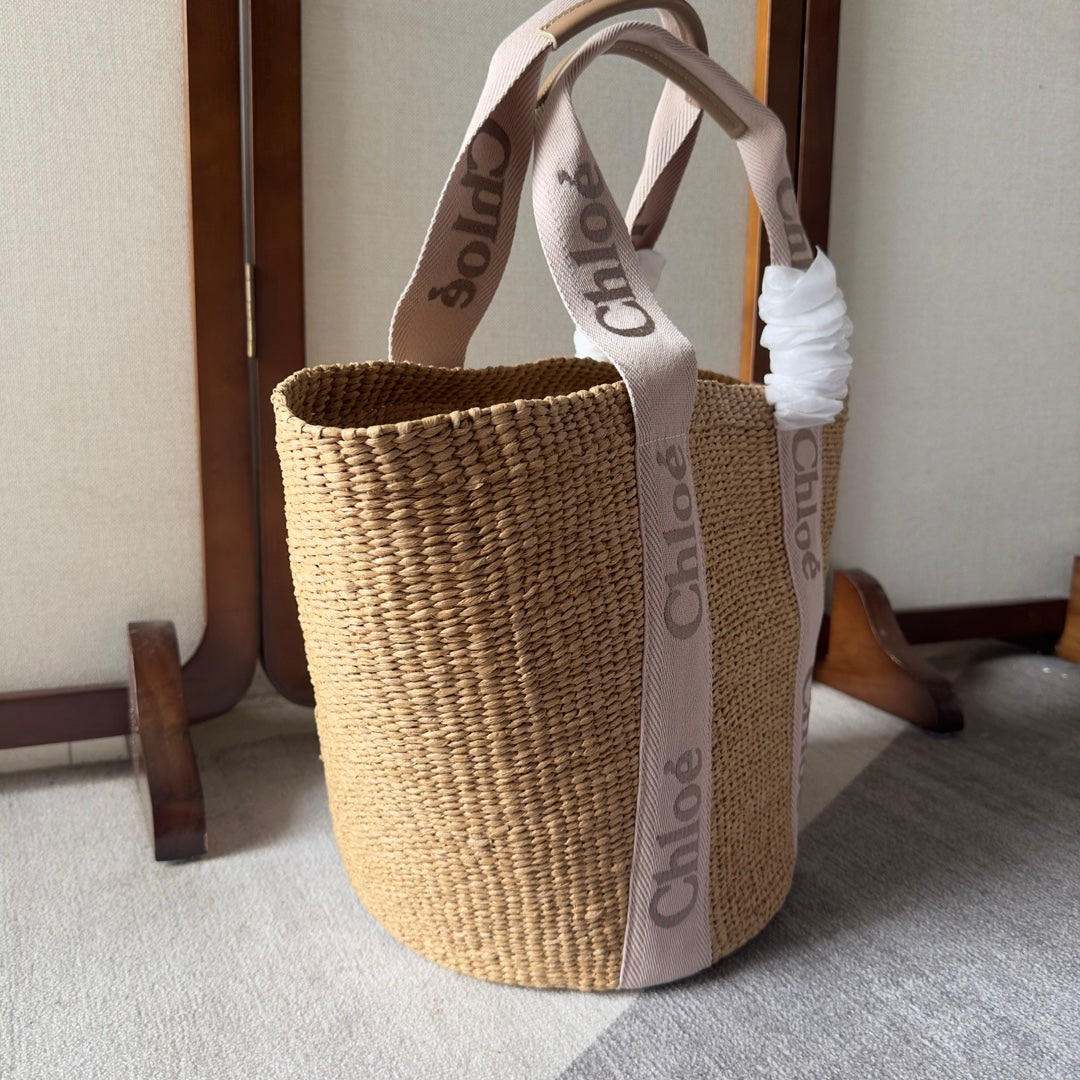 Lagre Woody Tote Bag 48 in Natural Fibers Blushy Beige Webbing Logo Embroider Brown Calfskin