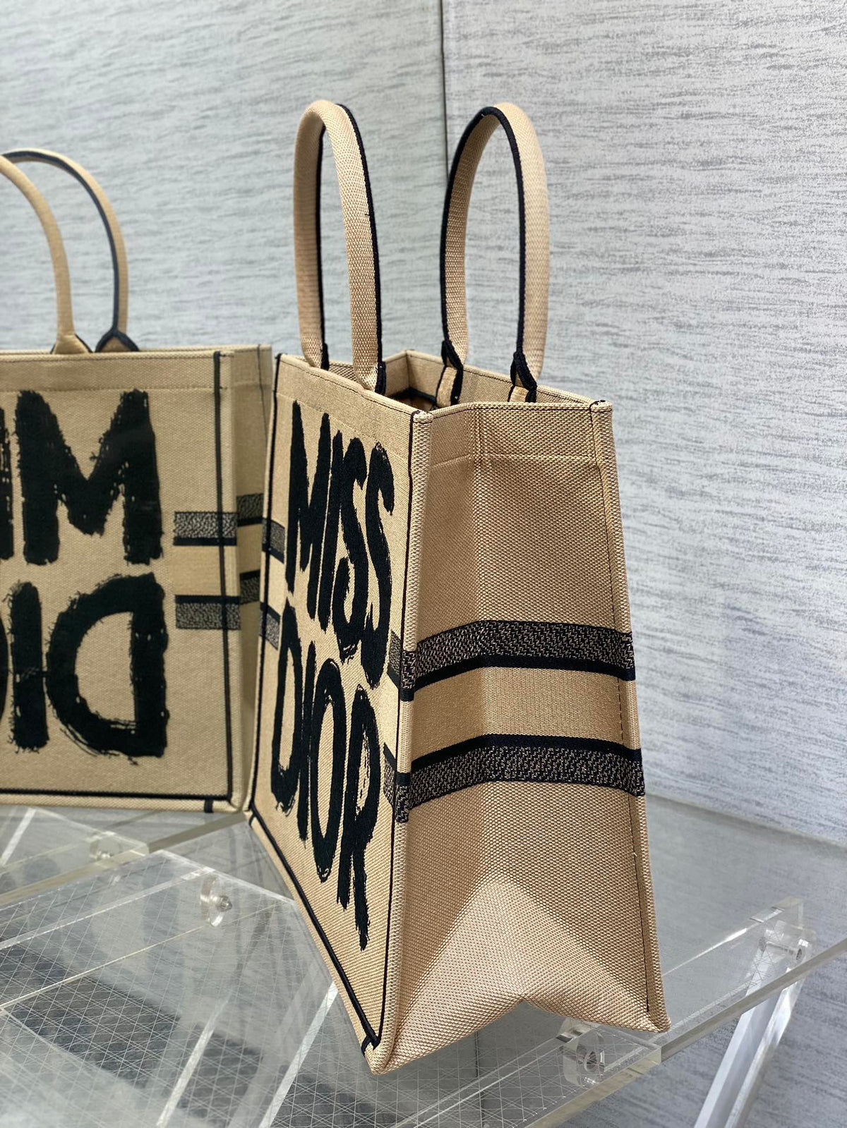 Large Book Tote 42 Beige and Black Miss Dior Graffiti Embroidery