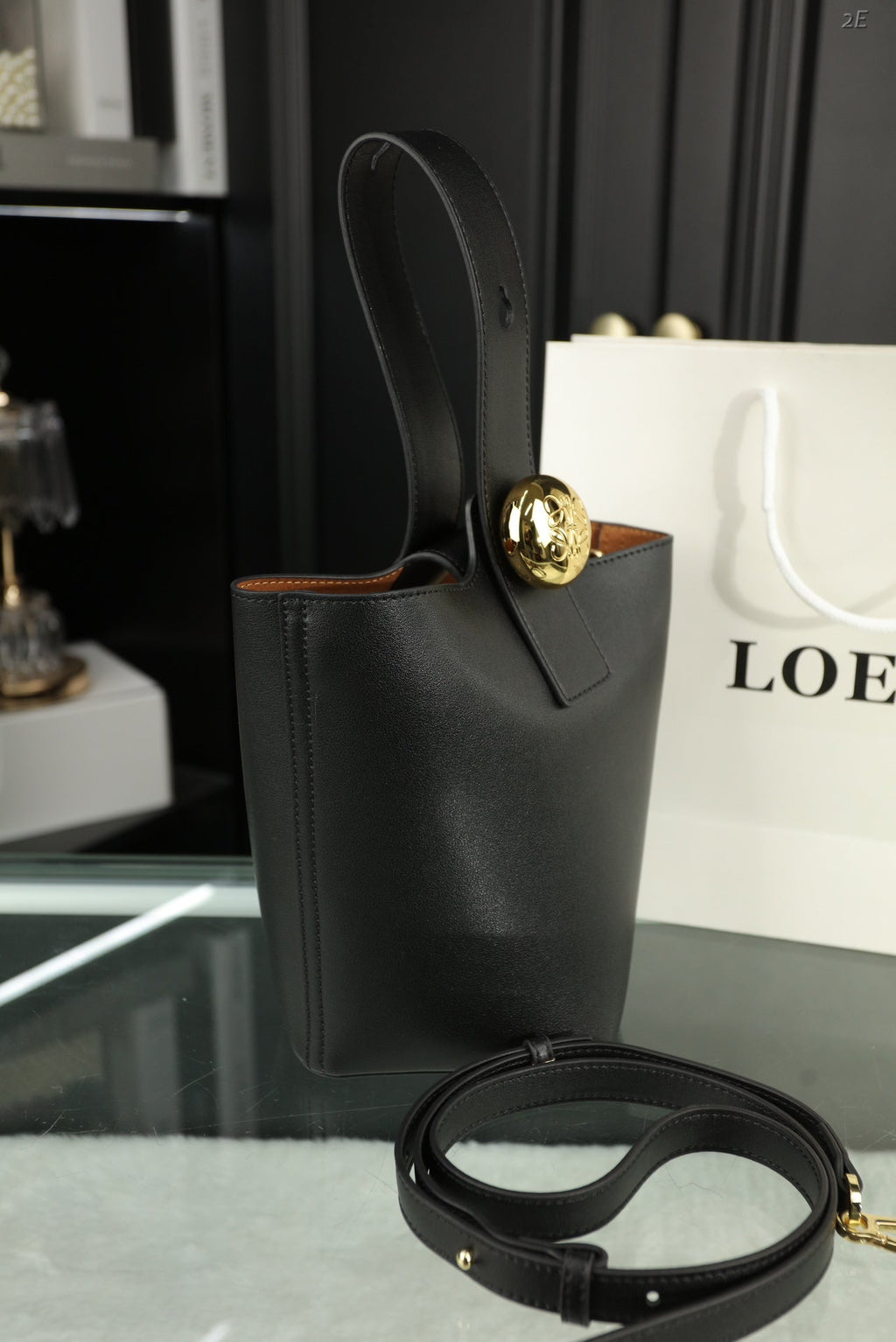 Loewe Mini 19 Pebble Bucket in Black Mellow Calfskin