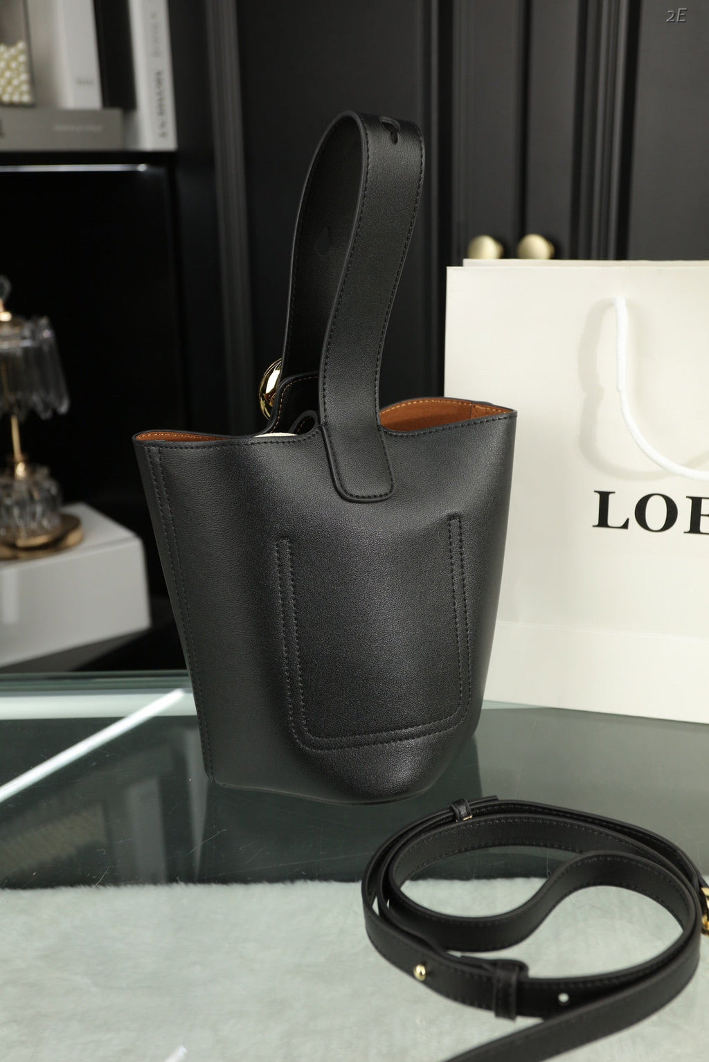Loewe Mini 19 Pebble Bucket in Black Mellow Calfskin