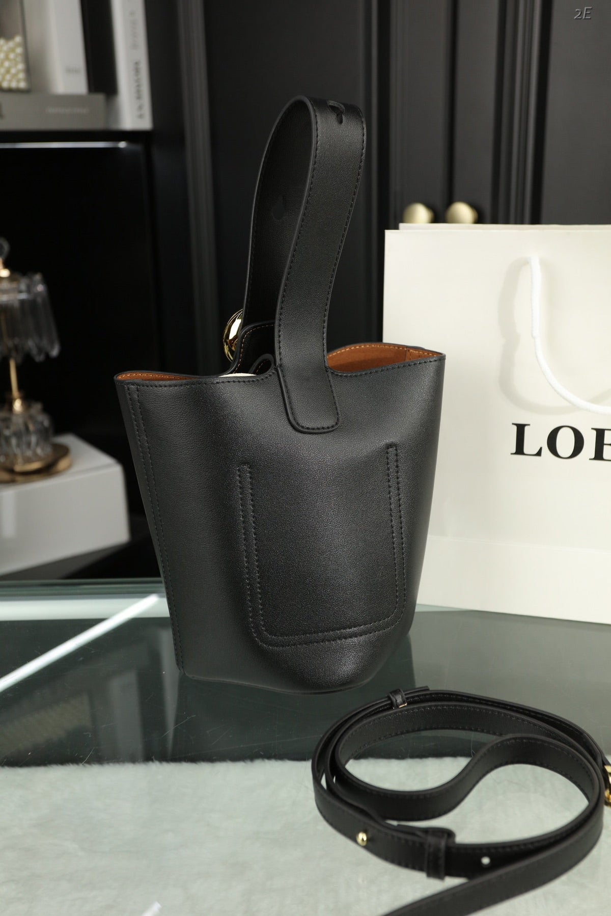 Loewe Mini 19 Pebble Bucket in Black Mellow Calfskin