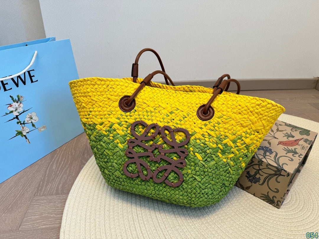 Loewe Small Anagram Basket 28 Bag in Yellow Mix Green Iraca Palm and Calfskin