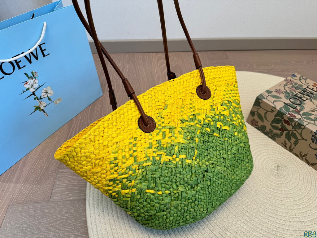 Loewe Small Anagram Basket 28 Bag in Yellow Mix Green Iraca Palm and Calfskin