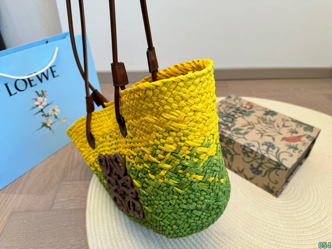 Loewe Small Anagram Basket 28 Bag in Yellow Mix Green Iraca Palm and Calfskin