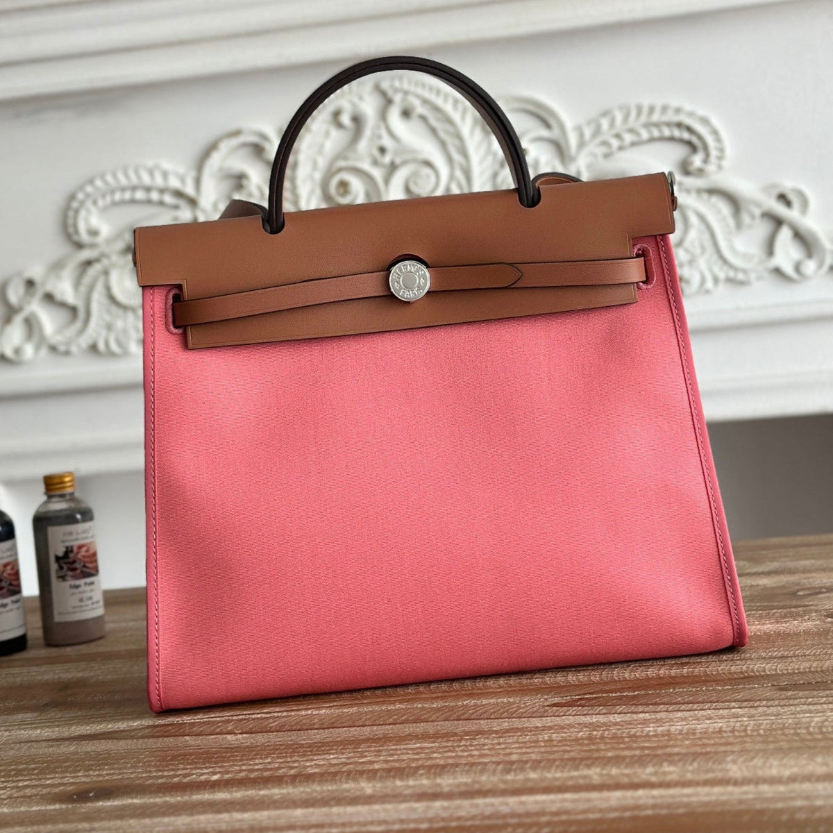 Hermes Zip Cabine 31 Bag in Punch Pink Canvas and Bronze Brown Calfskin
