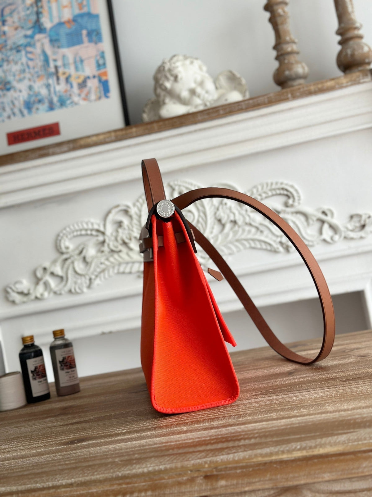 Hermes Zip Cabine 31 Bag in Fire Orange Canvas and Bronze Brown Calfskin