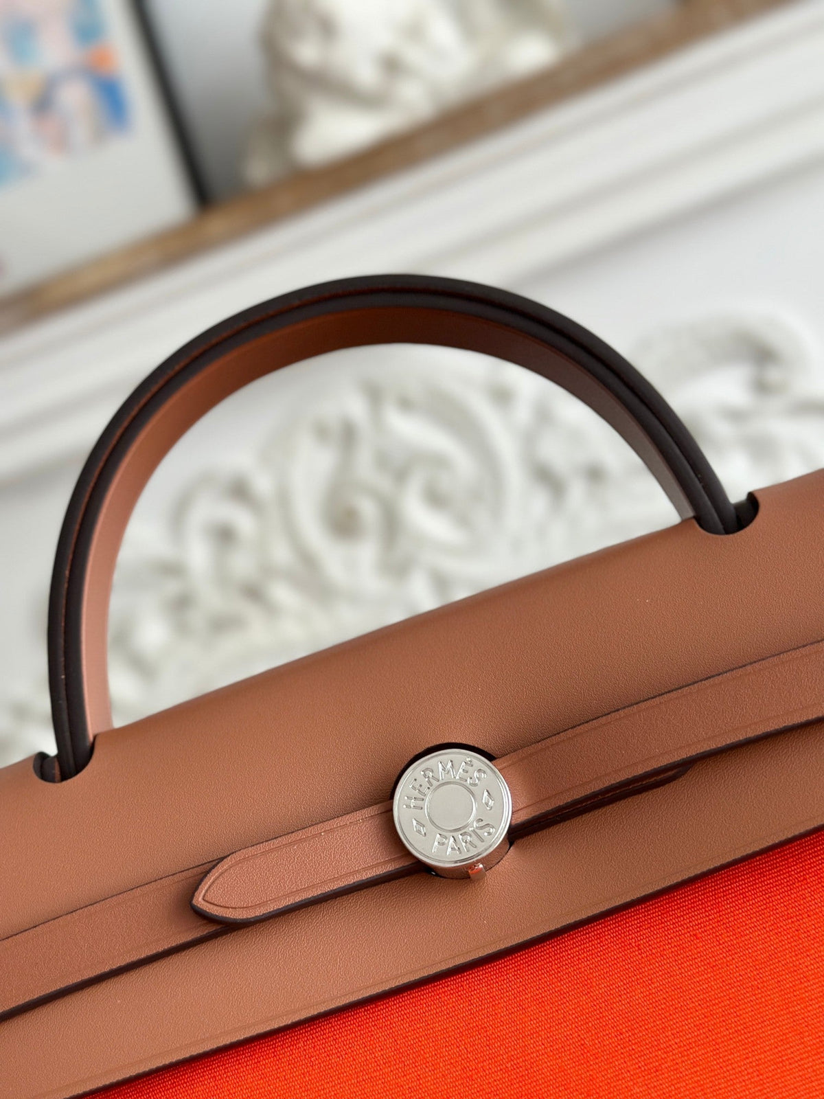 Hermes Zip Cabine 31 Bag in Fire Orange Canvas and Bronze Brown Calfskin