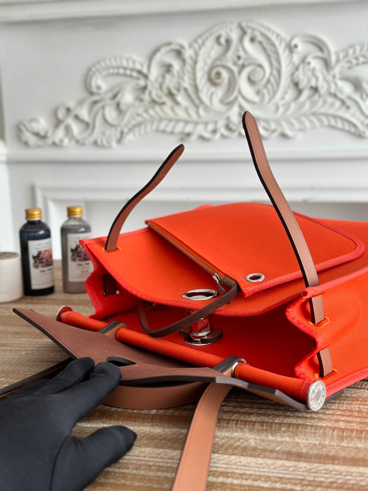 Hermes Zip Cabine 31 Bag in Fire Orange Canvas and Bronze Brown Calfskin