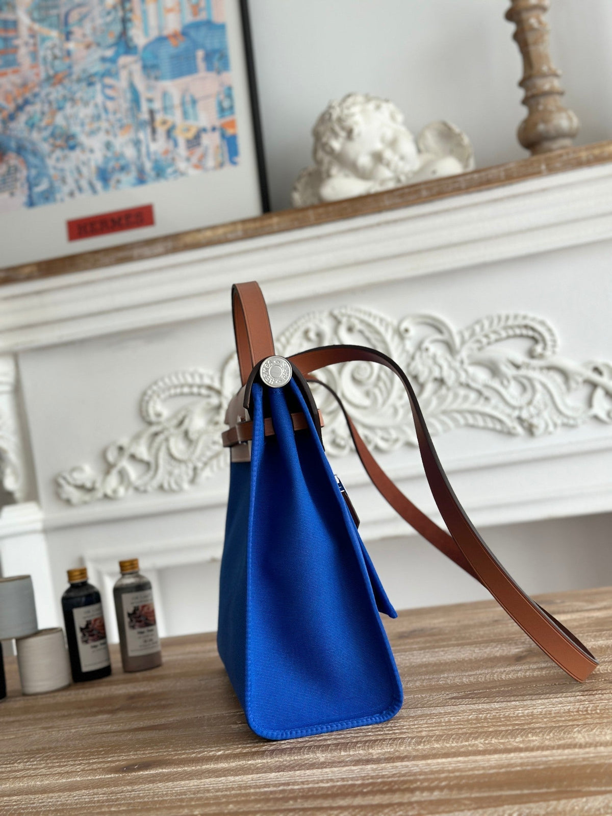 Hermes Zip Cabine 31 Bag in Cobalt Blue Canvas and Bronze Brown Calfskin