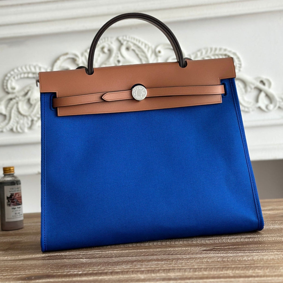 Hermes Zip Cabine 31 Bag in Cobalt Blue Canvas and Bronze Brown Calfskin
