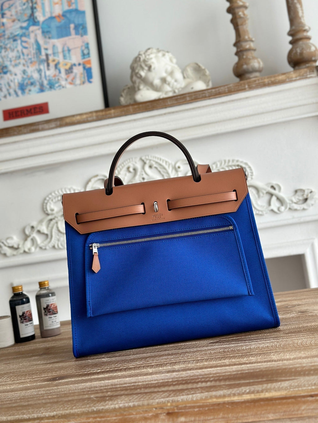 Hermes Zip Cabine 31 Bag in Cobalt Blue Canvas and Bronze Brown Calfskin