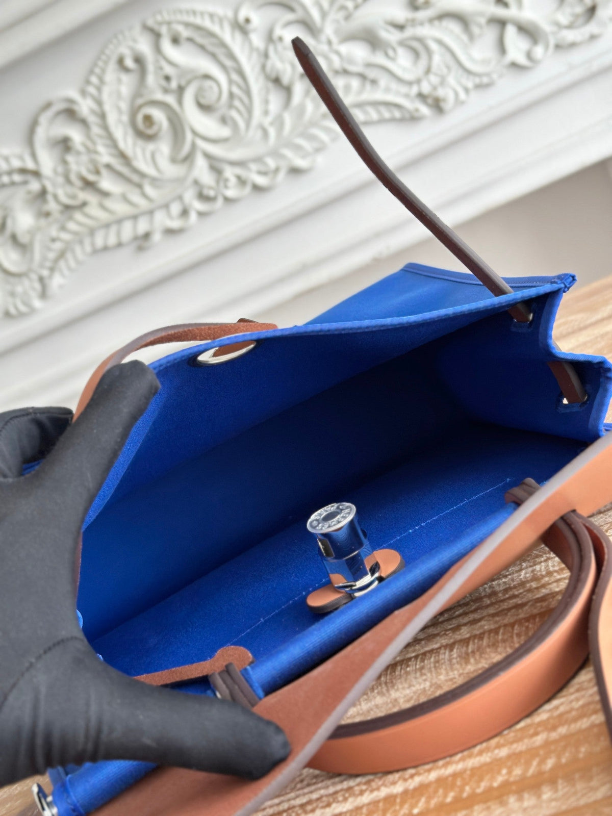 Hermes Zip Cabine 31 Bag in Cobalt Blue Canvas and Bronze Brown Calfskin