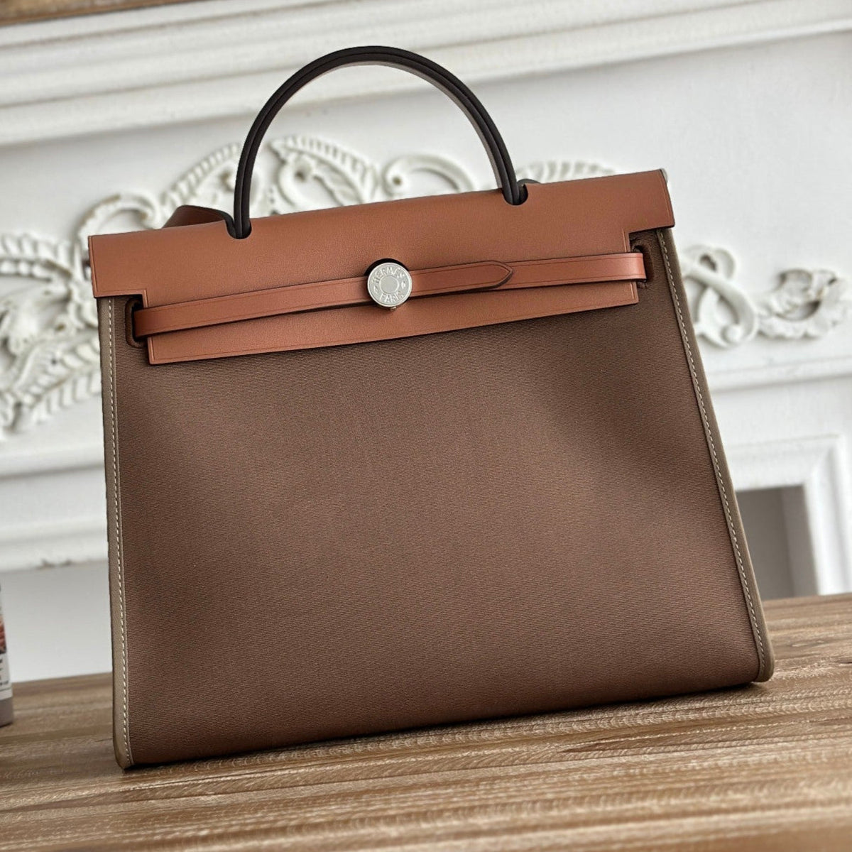 Hermes Zip Cabine 31 Bag in Chocolate Brown Canvas and Bronze Brown Calfskin