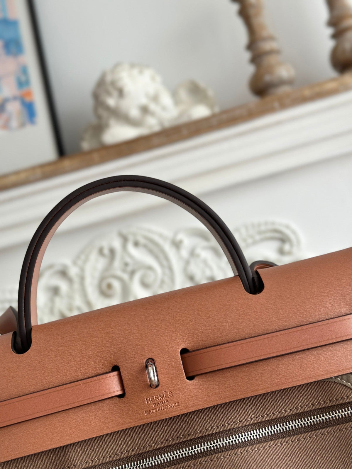 Hermes Zip Cabine 31 Bag in Chocolate Brown Canvas and Bronze Brown Calfskin