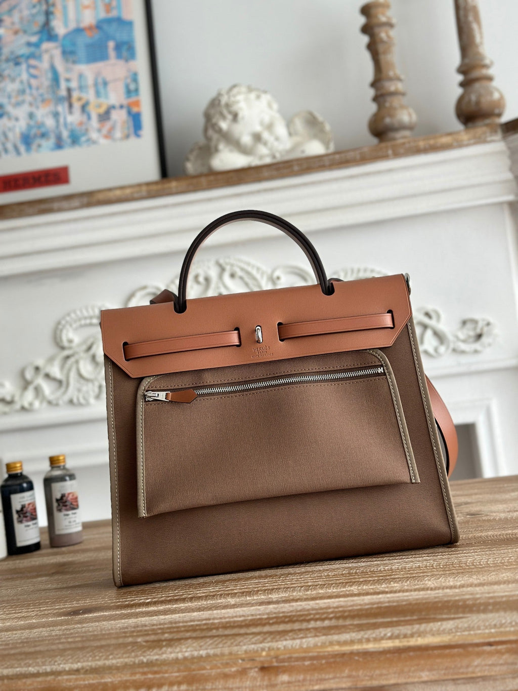 Hermes Zip Cabine 31 Bag in Chocolate Brown Canvas and Bronze Brown Calfskin