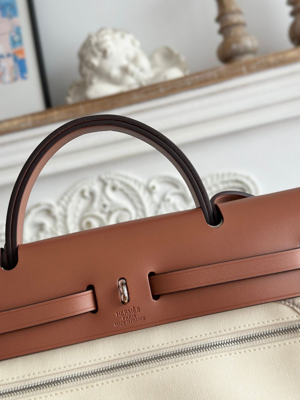 Hermes Zip Cabine 31 Bag in White Cream Canvas and Bronze Brown Calfskin