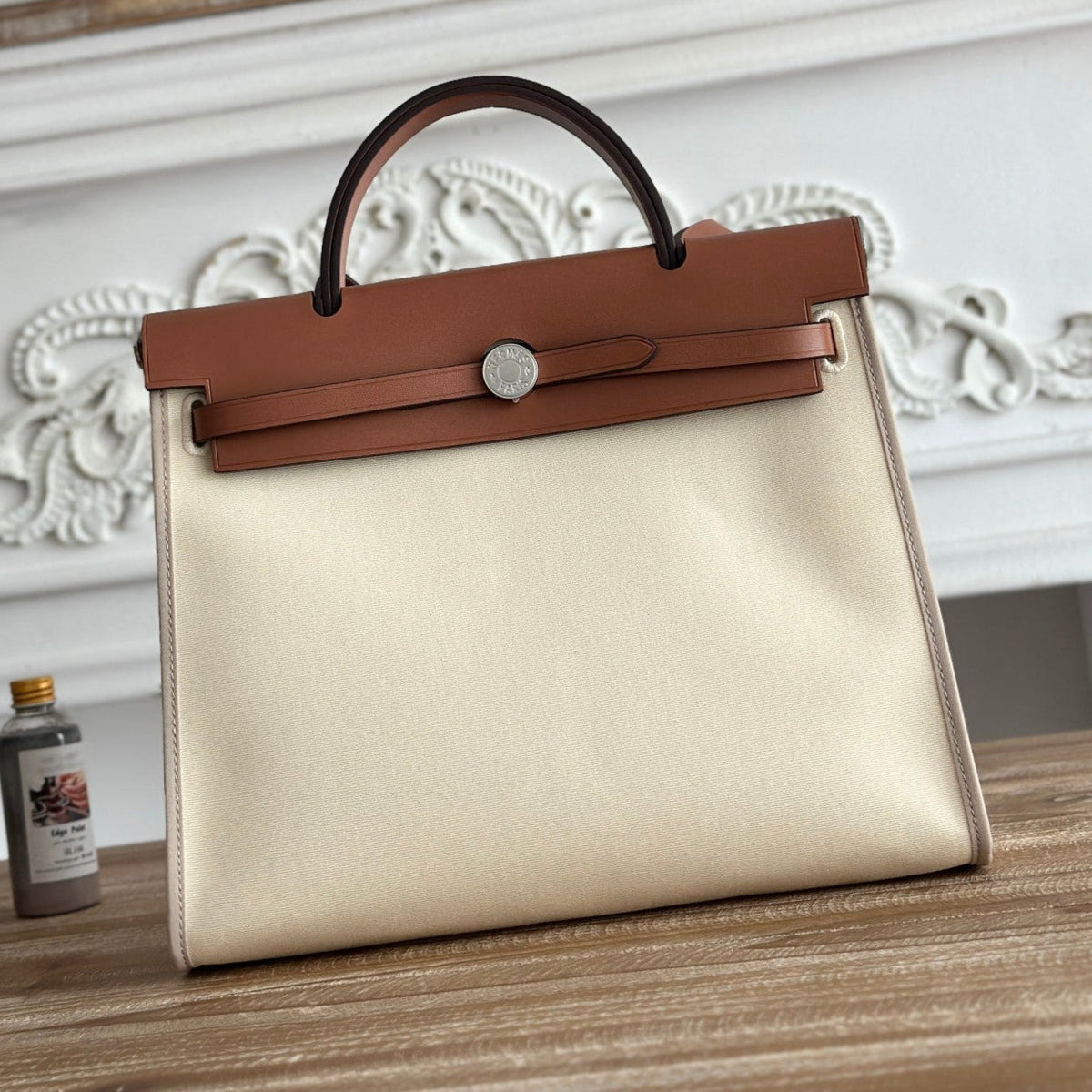 Hermes Zip Cabine 31 Bag in White Cream Canvas and Bronze Brown Calfskin