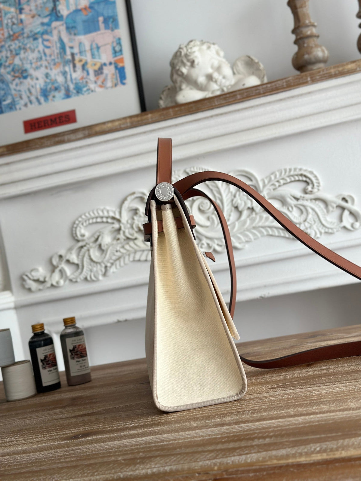 Hermes Zip Cabine 31 Bag in White Cream Canvas and Bronze Brown Calfskin