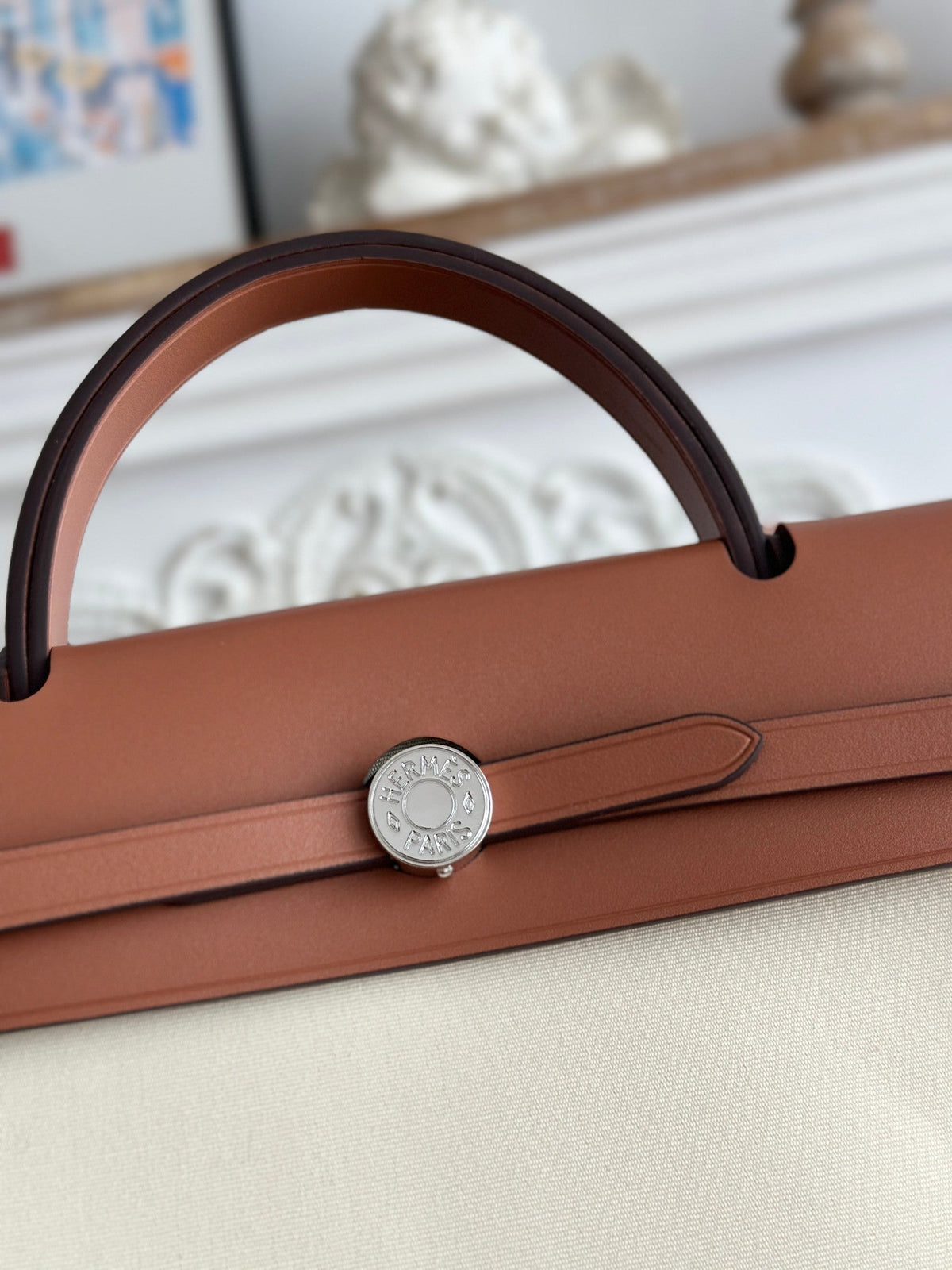 Hermes Zip Cabine 31 Bag in White Cream Canvas and Bronze Brown Calfskin