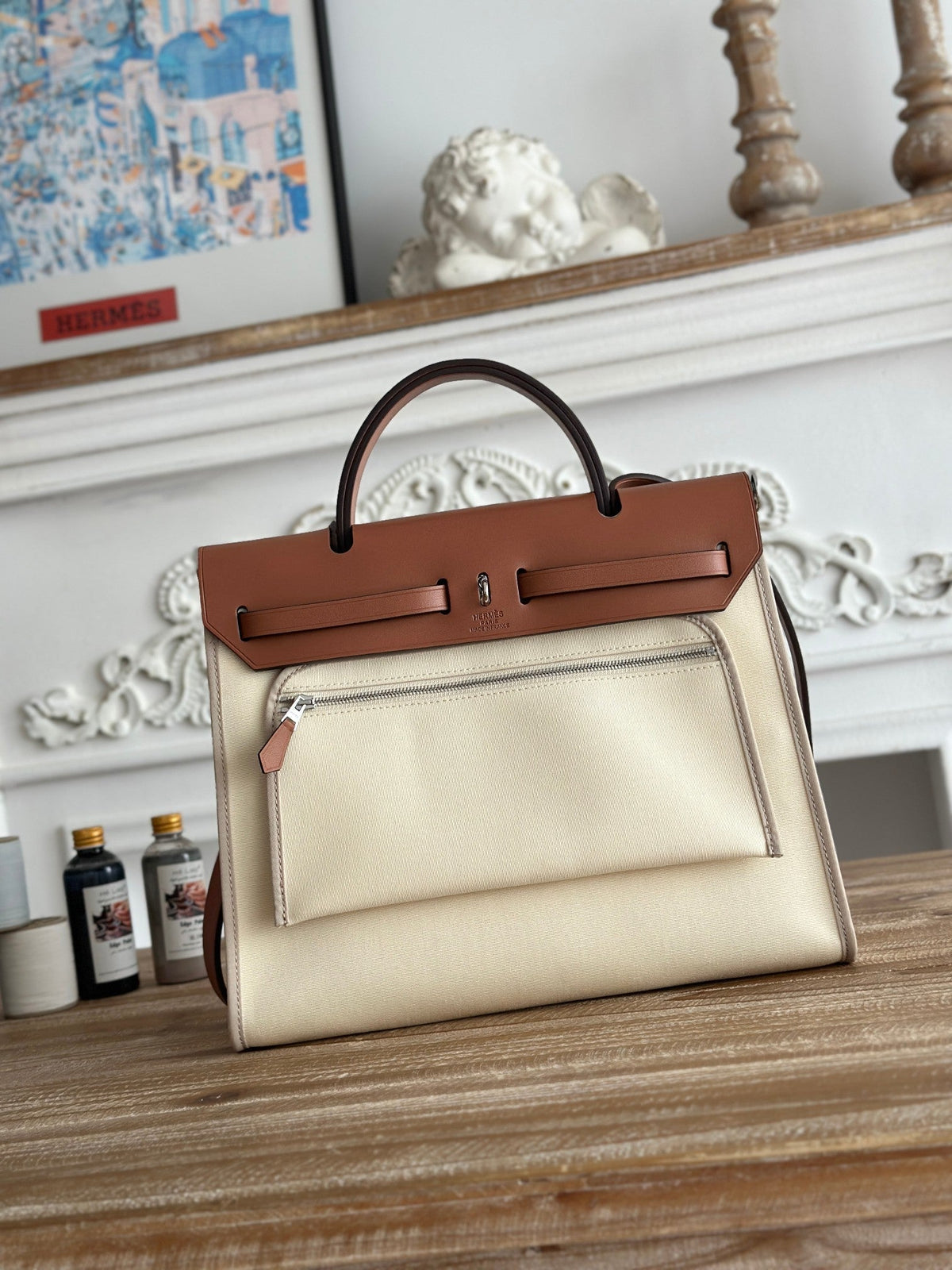 Hermes Zip Cabine 31 Bag in White Cream Canvas and Bronze Brown Calfskin