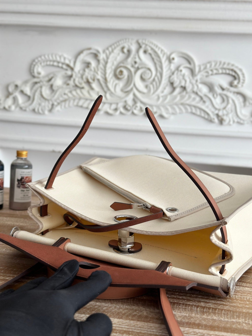 Hermes Zip Cabine 31 Bag in White Cream Canvas and Bronze Brown Calfskin