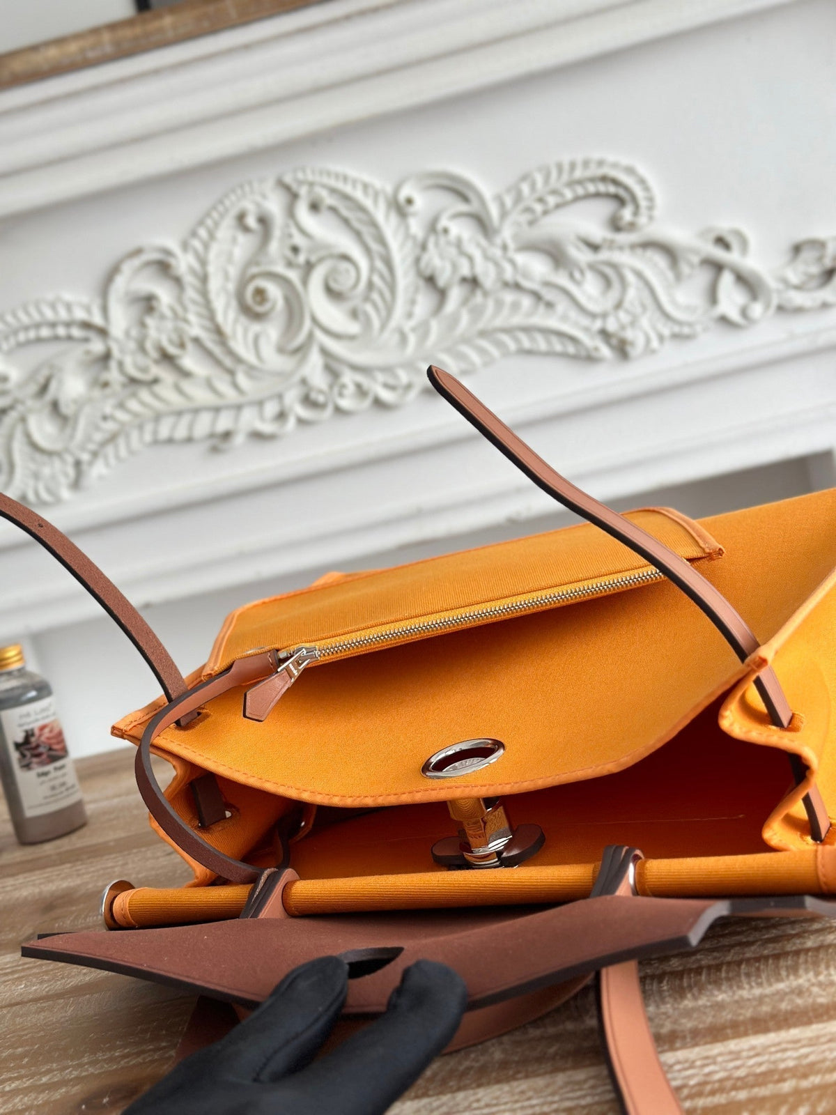 Hermes Zip Cabine 31 Bag in Apricot Orange Canvas and Bronze Brown Calfskin