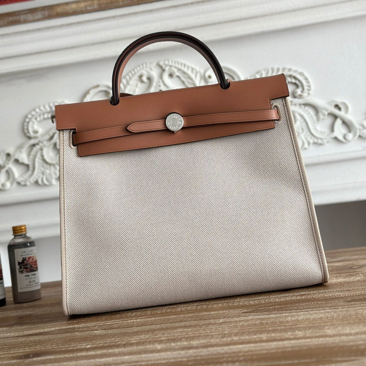 Hermes Zip Cabine 31 Bag in Pale Gray Canvas and Bronze Brown Calfskin