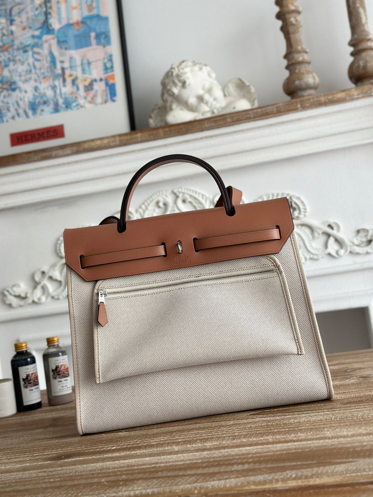 Hermes Zip Cabine 31 Bag in Pale Gray Canvas and Bronze Brown Calfskin