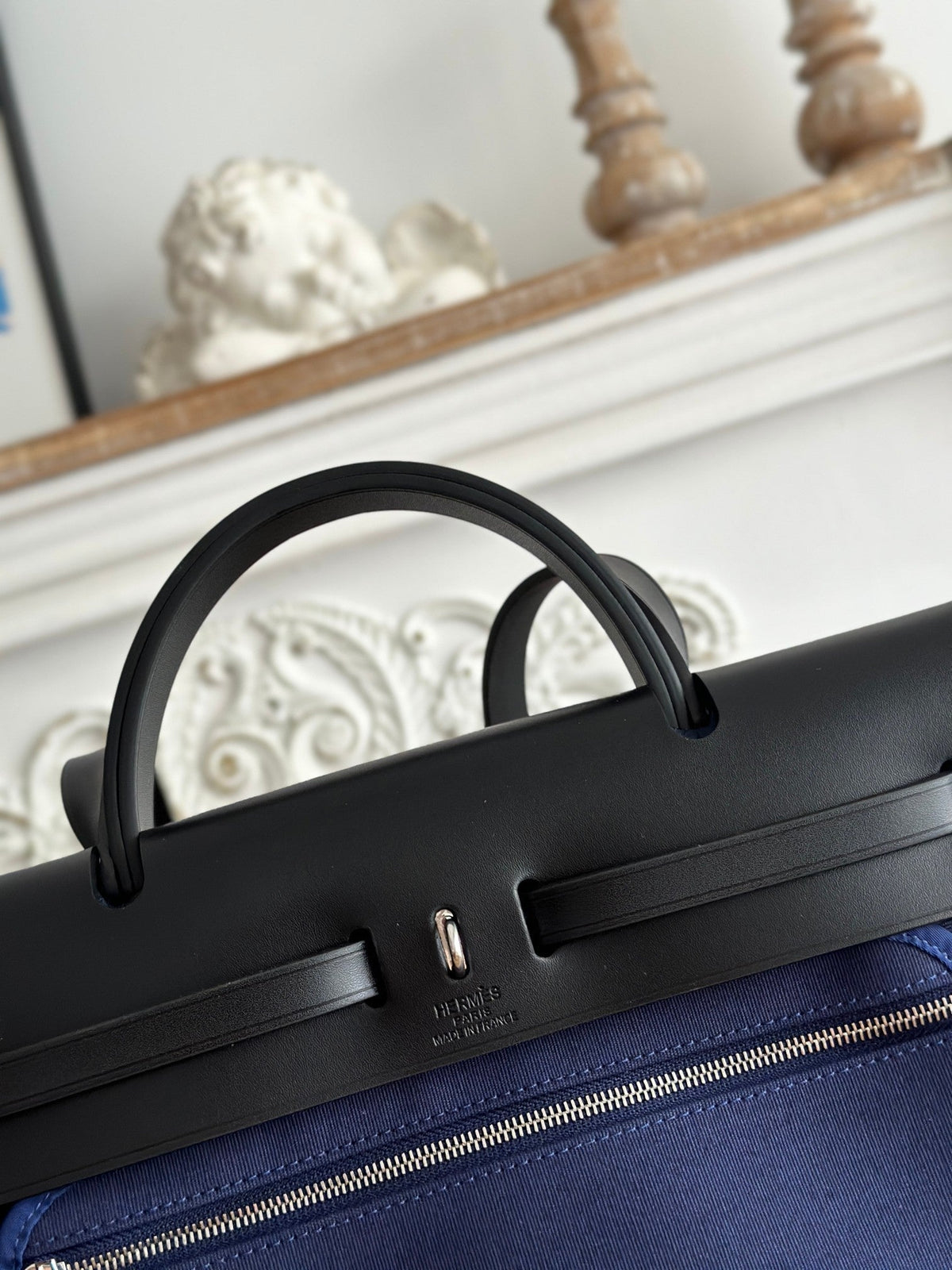 Hermes Zip Cabine 31 Bag in Navy Blue Canvas and Black Calfskin