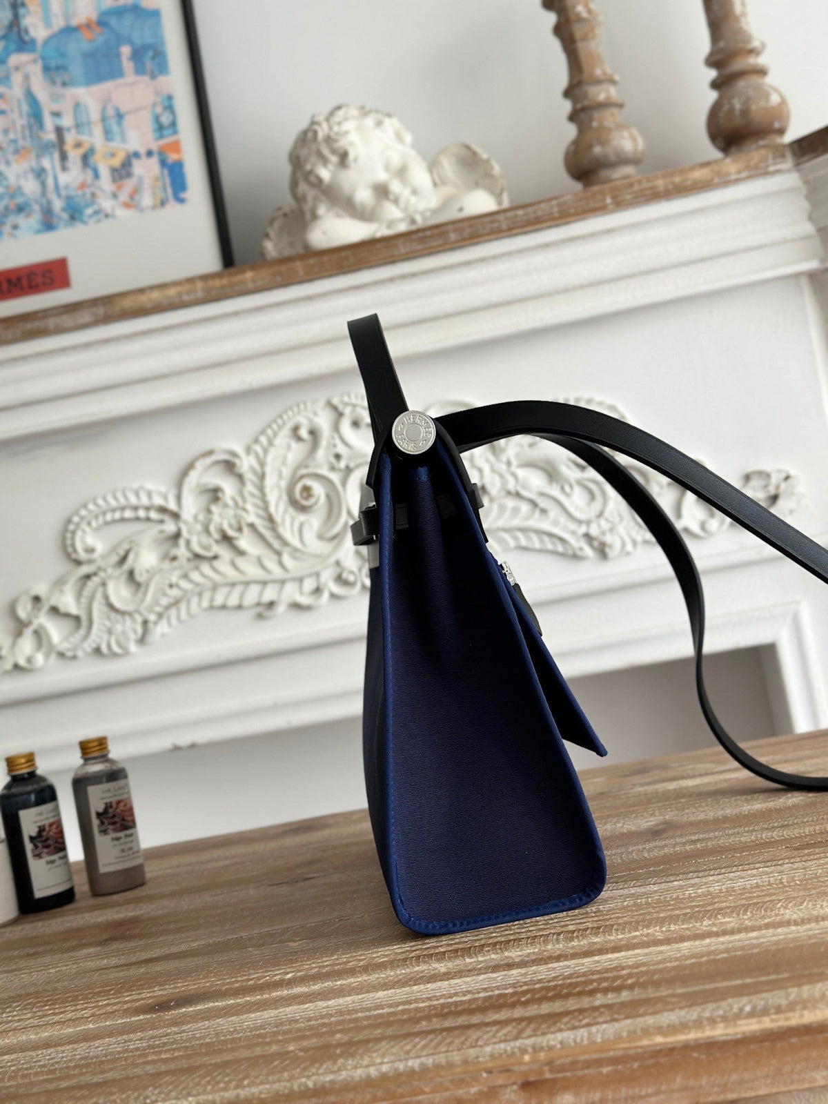 Hermes Zip Cabine 31 Bag in Navy Blue Canvas and Black Calfskin