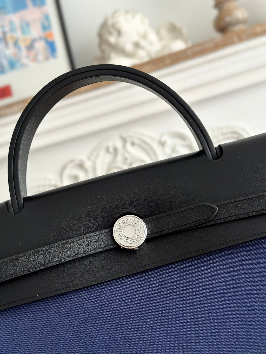 Hermes Zip Cabine 31 Bag in Navy Blue Canvas and Black Calfskin