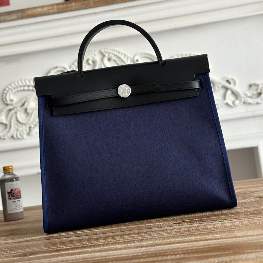 Hermes Zip Cabine 31 Bag in Navy Blue Canvas and Black Calfskin