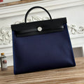Hermes Zip Cabine 31 Bag in Navy Blue Canvas and Black Calfskin