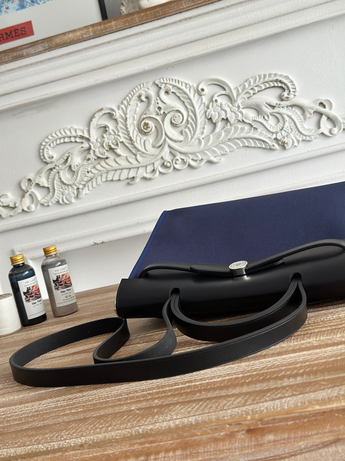 Hermes Zip Cabine 31 Bag in Navy Blue Canvas and Black Calfskin