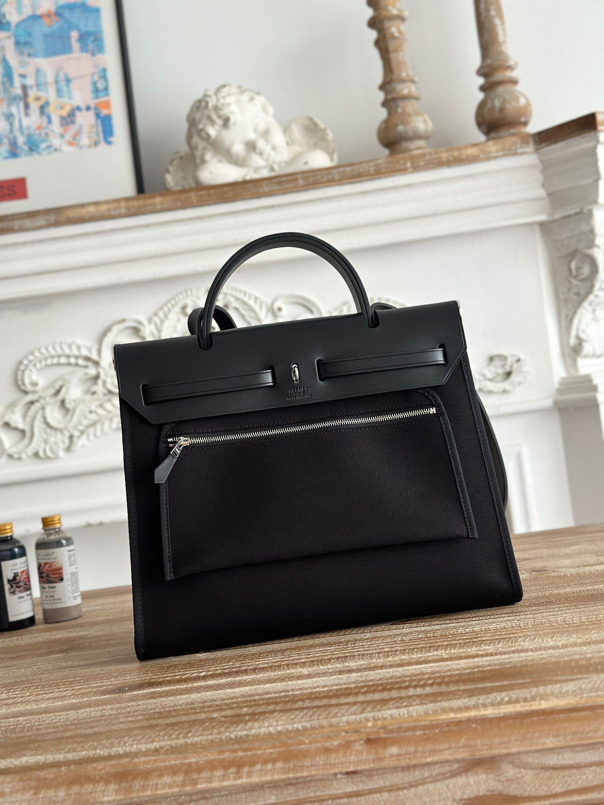 Hermes Zip Cabine 31 Bag in Black Canvas and Calfskin