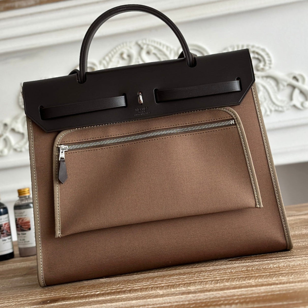 Hermes Zip Cabine 31 Bag in Chocolate Brown Canvas and Black Calfskin