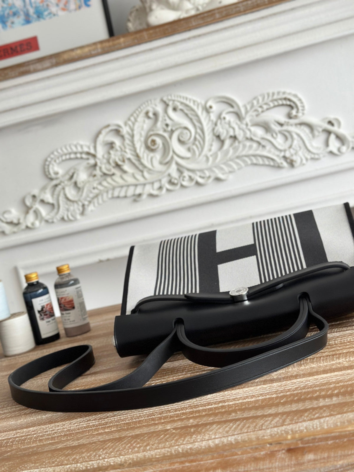 Hermes Zip Cabine 31 Bag in Black Mix White Canvas and Calfskin