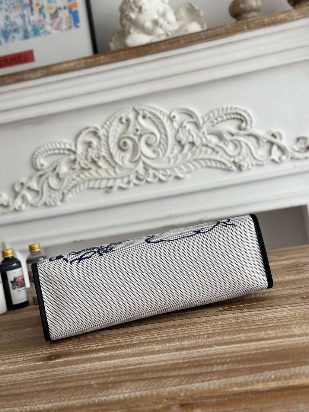 Hermes Zip Cabine 31 Bag in White Canvas and Black Calfskin