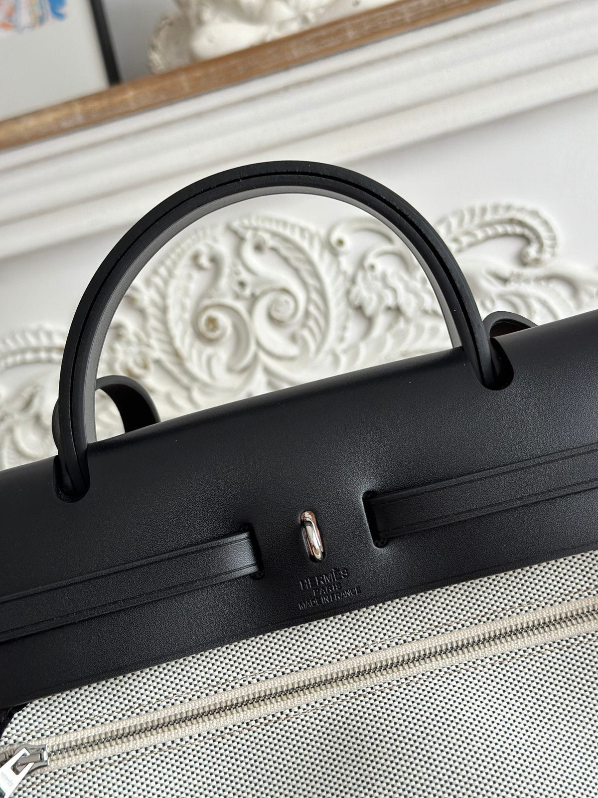 Hermes Zip Cabine 31 Bag in White Canvas and Black Calfskin